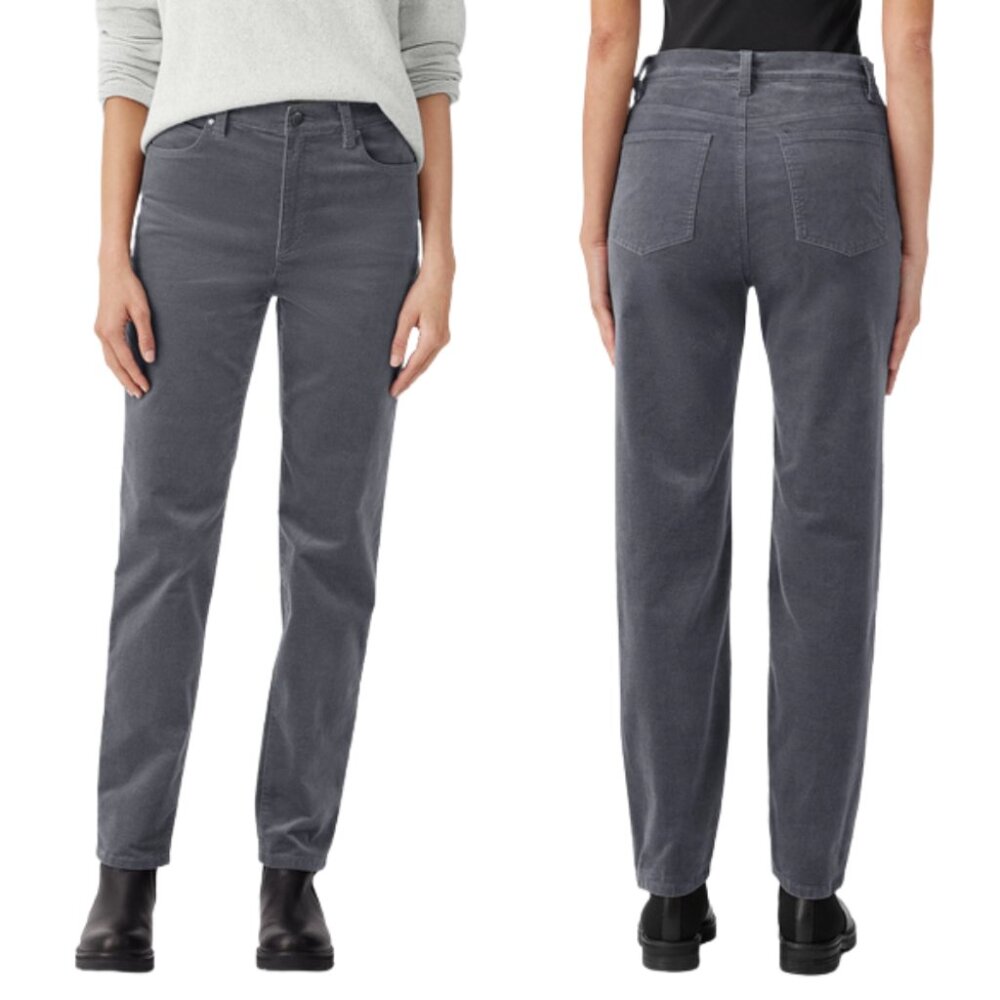 Eileen Fisher Velveteen Straight Leg Pants Organic Cotton Stretch SLATE GRAY XS